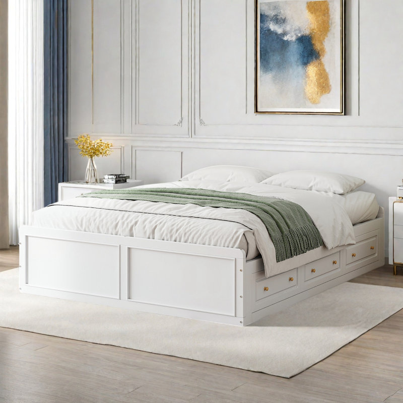 Lit plateforme en bois avec 6 tiroirs, sans tête de lit, Blanc