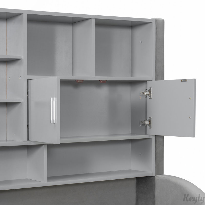 Upholstered Daybed with Storage Shelves and Cabinets, Pull-Out Lift-Up Twin Trundle, Gray