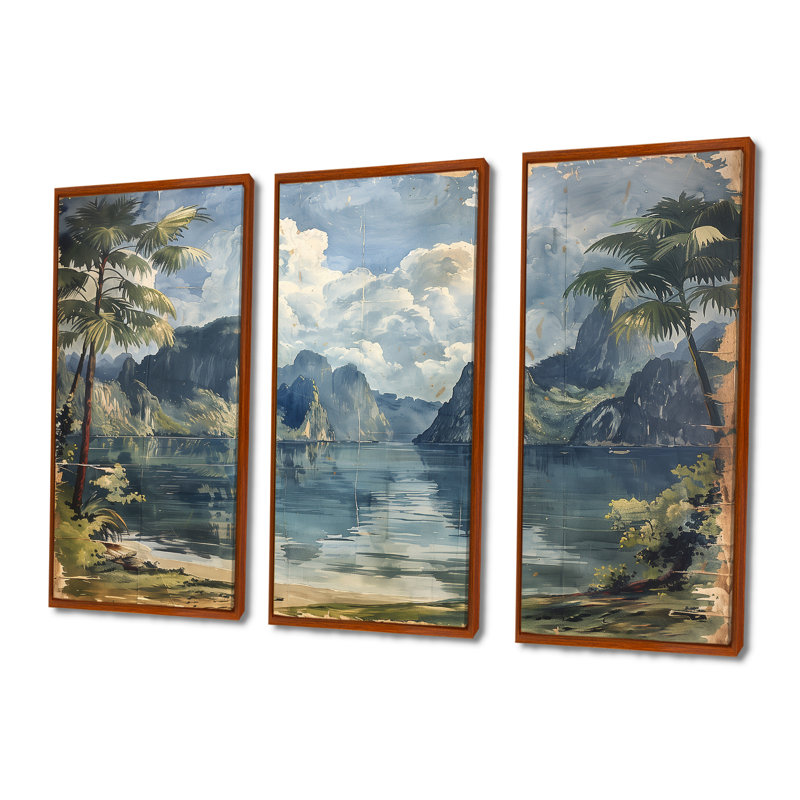 Ensemble de décorations murales vietnamiennes, «Bay Long Beach», Vietnam, Toile avec cadre flottant brun