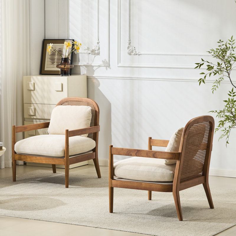 Chaises d'appoint de 26,6 po de style Mid-Century, bois de noyer et revêtement rayé pour le style détente de la chambre à coucher, coin lecture beige