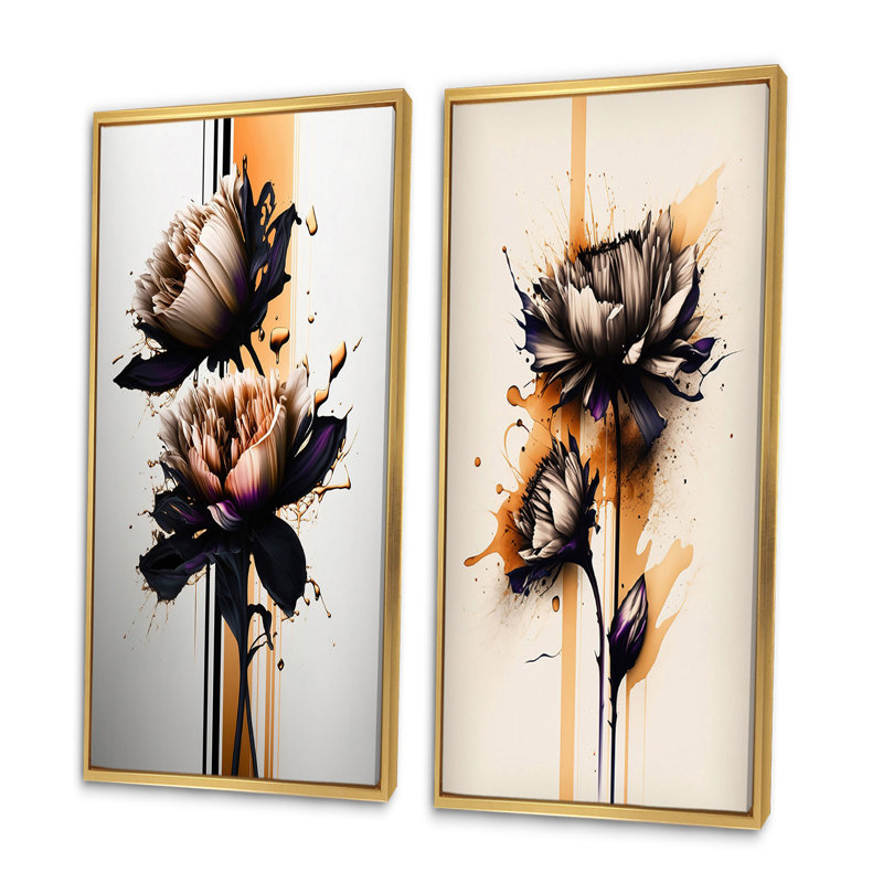 «Orange Dahlia Flower On Abstract Fusion I», 2 pièces sur toile, Encadrement doré, H 32 po x l 32 po