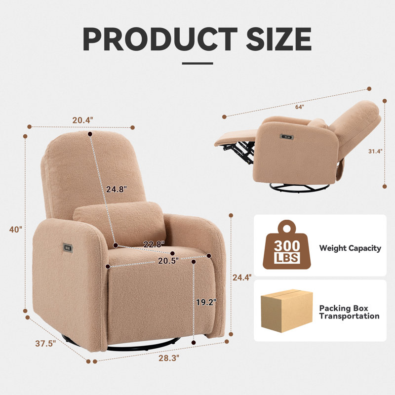  Swivel Rocker Ladies Power Recliner for Small Spaces USB & TYPE-C Port, Brown