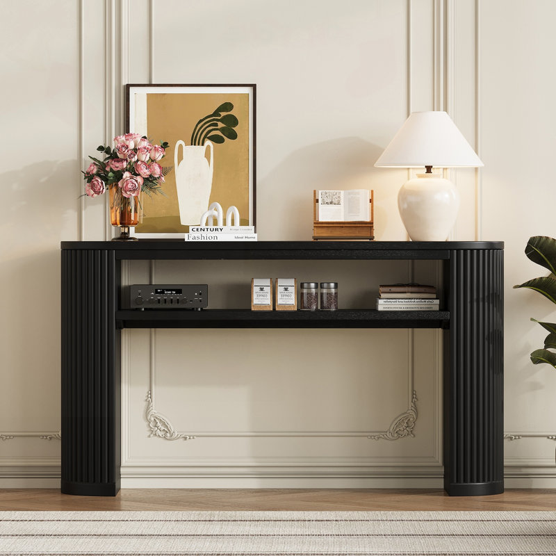 Console rustique avec pieds cannelés et plateau ovale en placage de frêne, Noir, Noir, Noir