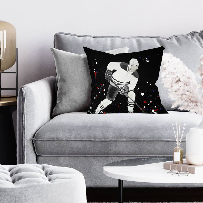 Hockey player ready for action - 16"x16" Throw pillow cover - Poly twill - Print on demand, 16"H x 16"W, Black/Red