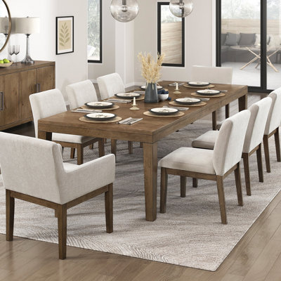 Brown Finish 9pc Dining Set Large Table and Upholstered Chairs Self-Storing Extension Leaf Sturdy Frame Wooden Furniture