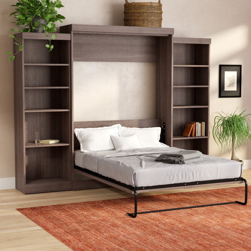 Arlex Murphy Bed and 2 Shelving Units, 115-inch Space-Saving Wall Bed with Storage, White, Queen
