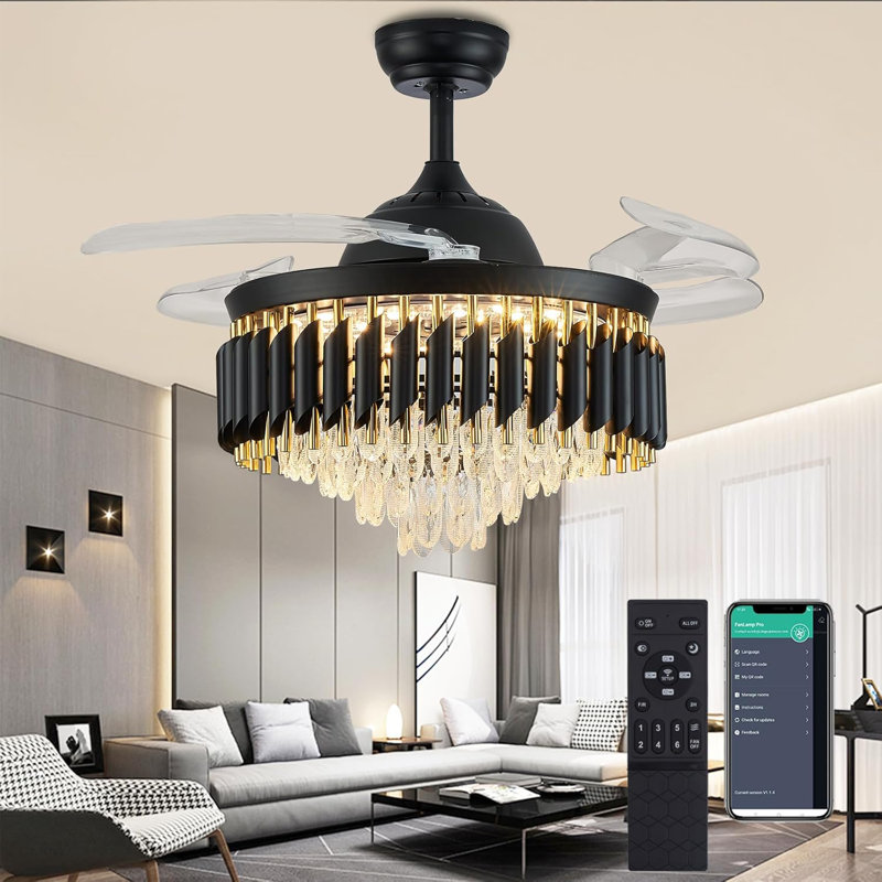 48" Black Crystal Chandelier With Fan,Dimmable LED Crystal Fandelier Ceiling Fans With Lights And Remote,Modern Retractable Invisible Ceiling Fan For Dinning Room Living Room Bedroom