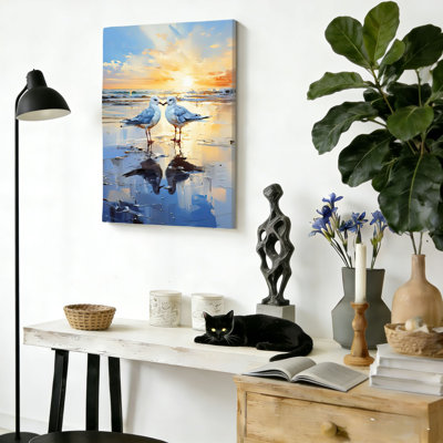 Beach Gull Sunset, Canvas Wall Art, Built-In Wooden Frame Support For Living Room, 36 X 24 Inch