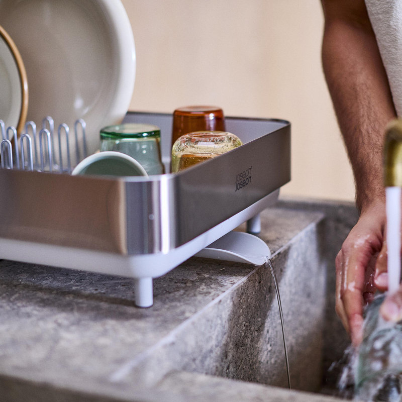 Joseph Joseph Extend Steel Plus Expandable Dish Rack With Wine Glass Holder, Light Stone