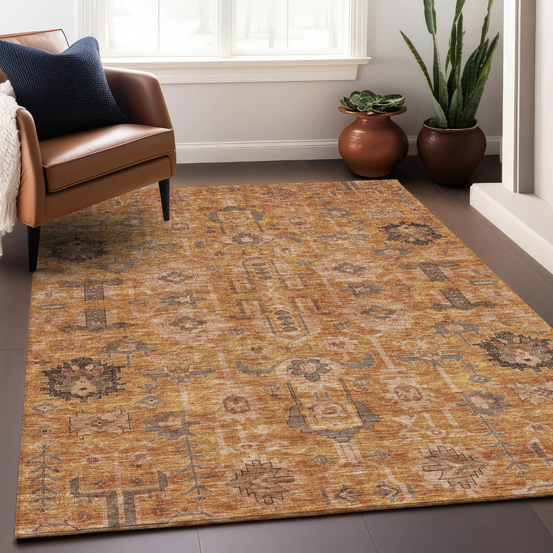 Premium Machine Washable Prisco Terracotta Rug, Rectangle 9' x 12'