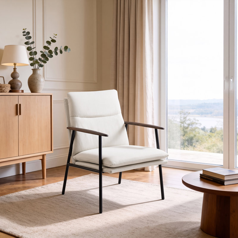 Fauteuil d'appoint rembourré en tissu de lin de 24,4 po de largeur avec accoudoirs en bois massif et structure en métal