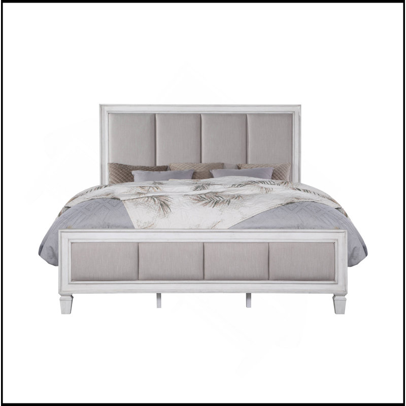 Grand lit Katia en lin gris clair, gris rustique et blanc vieilli, Grand lit