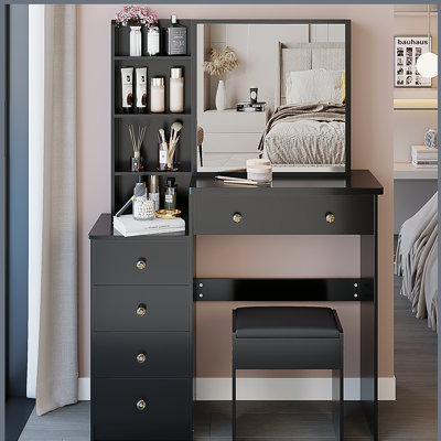37" Middle Size Left Bedside Cabinet Vanity Table + Cushioned Stool, Extra Large Right sliding mirror, Multi Layer High Capacity Storage, Practical Fashionable Dresser, Suitable For Middle Space