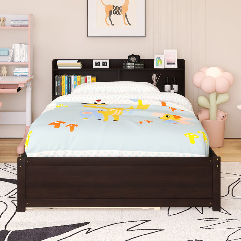 Lit double avec lit gigogne et structure en bois, Espresso
