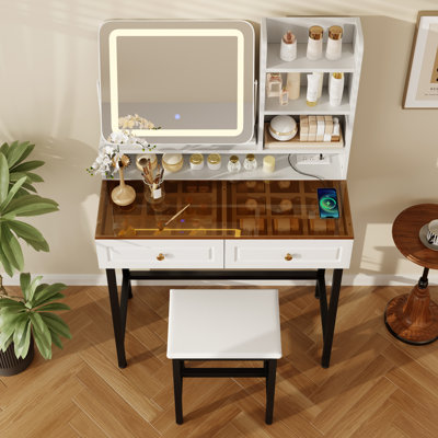 Ensemble de meuble-lavabo 32,2 po avec plateau en verre ambré, miroir à DEL rotatif et prise de courant, blanc