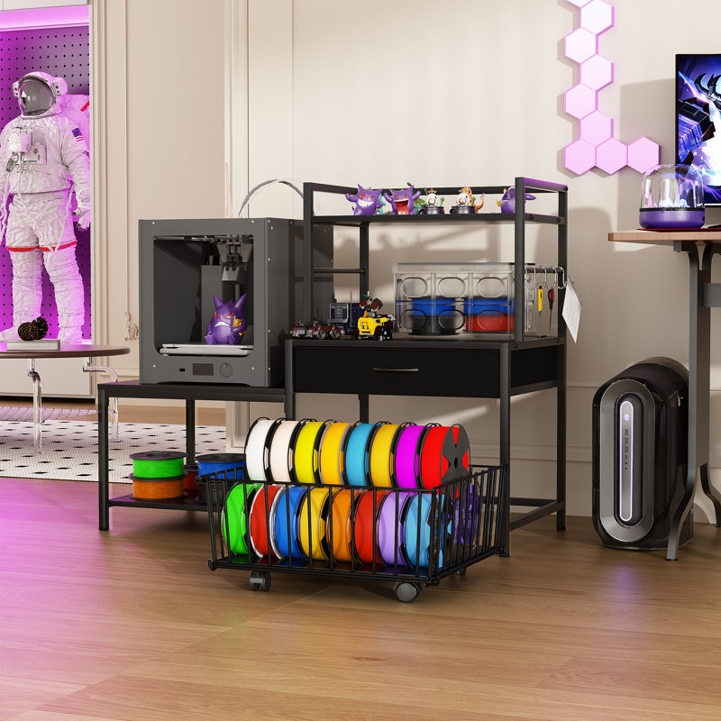 3D Printer Stand with Storage Drawer and Rolling Filament Basket, Industrial Printer Table with Open Shelves and Hooks, Sturdy Metal Workstation for 3D Printing Tools and Accessories, Black