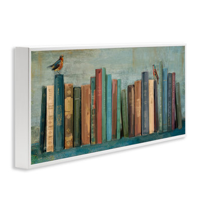 "Livres et oiseaux", peinture sur toile blanche encadrée par Main Line Studio