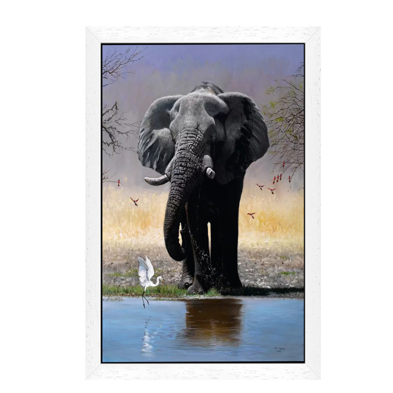 Elephant, Egret & Carmines by Pip McGarry - Print on Canvas, 101.6 cm H x 66.04 cm W, White Framed