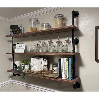 48" Industrial Pipe Floating Shelves, Rustic Wood Wall Shelving