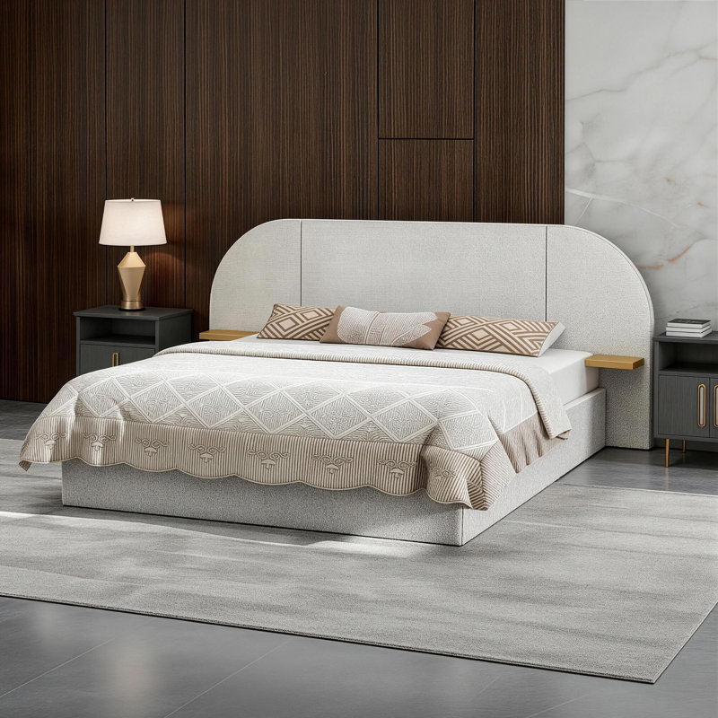  Upholstered Panel Bed with Oversized Arched Headboard and Side Ledges, King