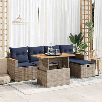 6 Piece Garden Sofa Set With Cushions Grey Poly Rattan Acacia