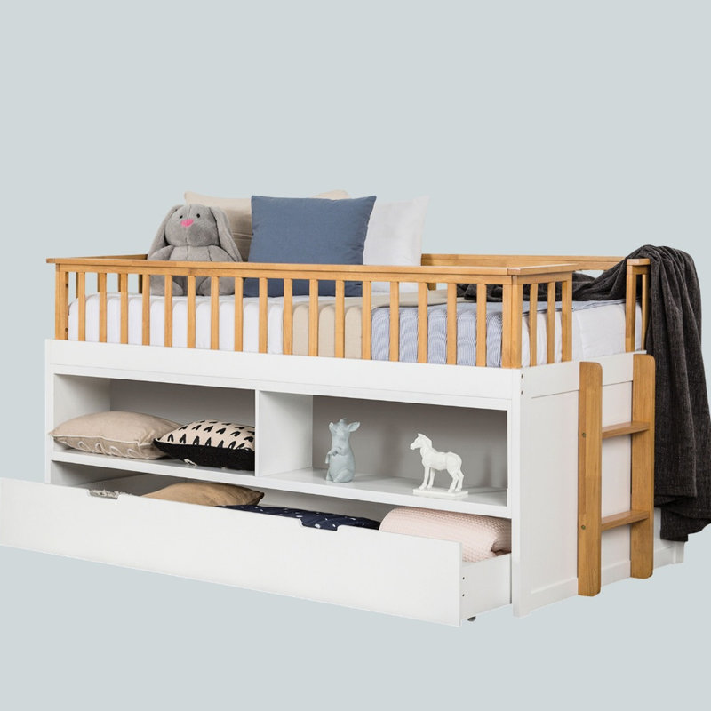 Lit-bateau simple transitionnel avec lit gigogne, chêne et blanc