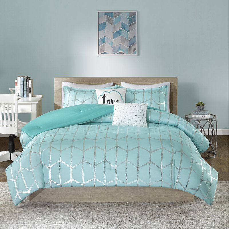 Ensemble d'édredon imprimé métallique, Argent / turquoise, Édredon simple + 3 pièces supplémentaires