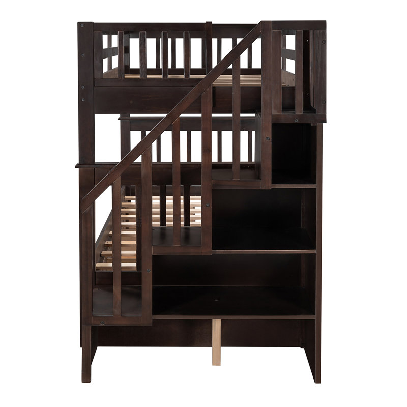 Lit superposé à escalier avec trois tiroirs pour chambre à coucher, dortoir, Espresso