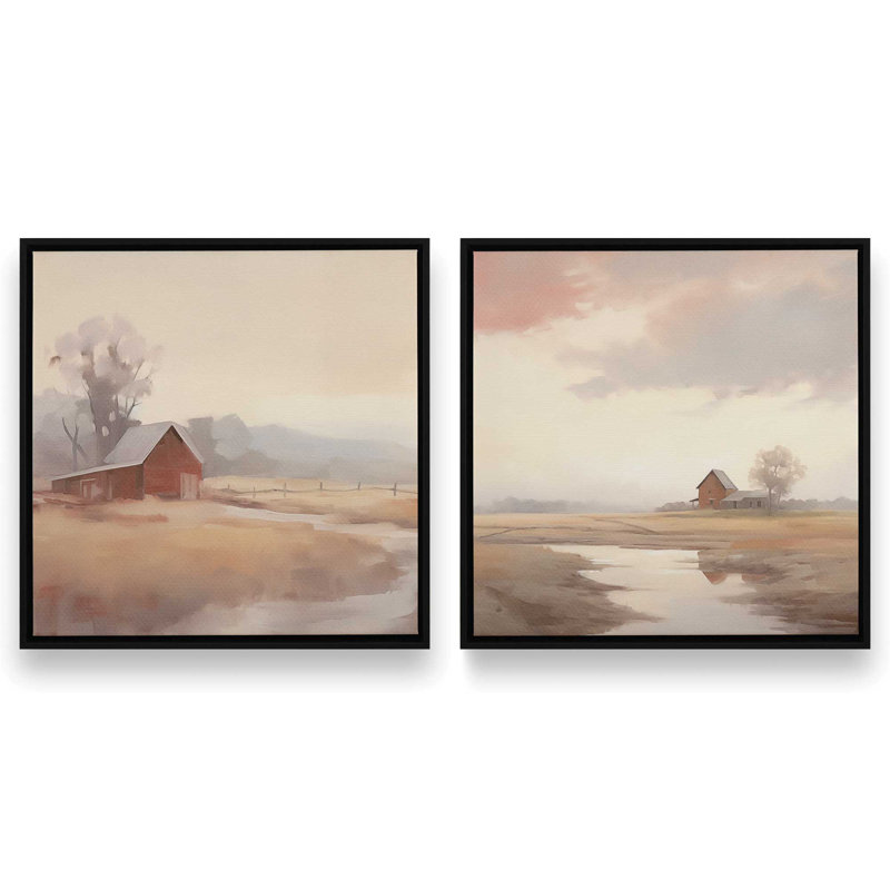 Rustic Barns and Misty Fields, ensemble de 2 reproductions sur toile, Cadre noir, H 12,75 po x l 12,75 po x P 1,75 po