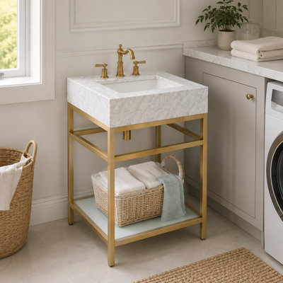 24" Carrara Marble Bathroom Vanity with Sink, Stainless Steel Console Frame & Glass Storage Shelf
