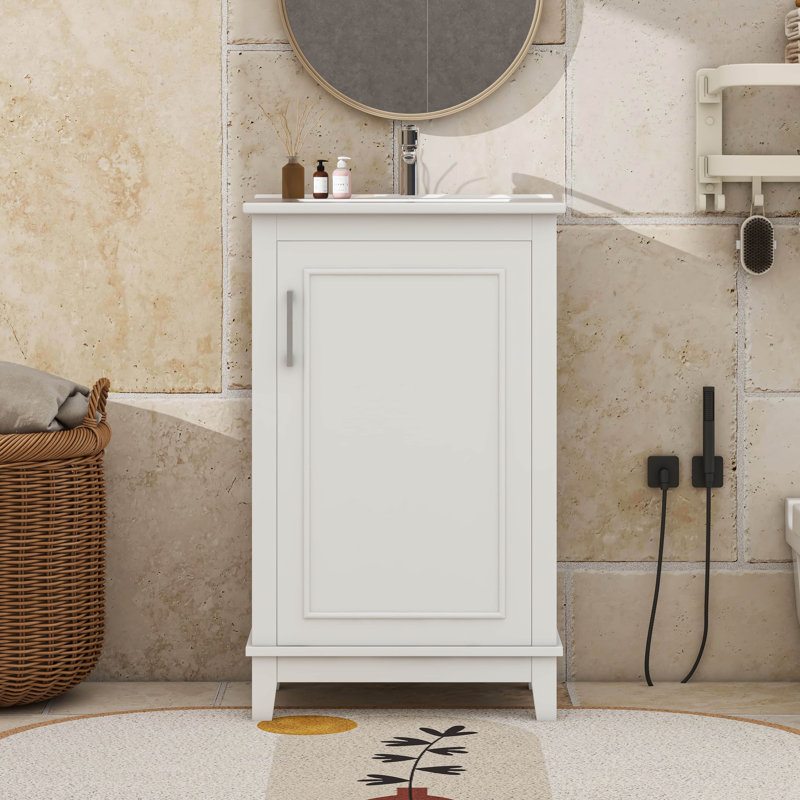 Armoire de salle de bain moderne et compacte pour petits espaces, rangement élégant avec lavabo en céramique, Blanc