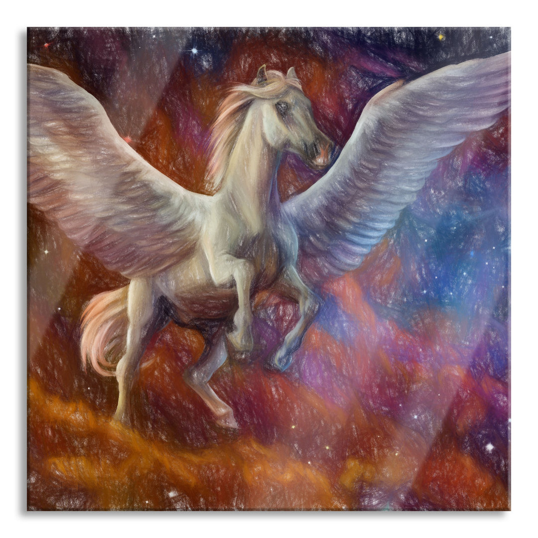 Glasbild Weißer Pegasus mit Engelsflügel