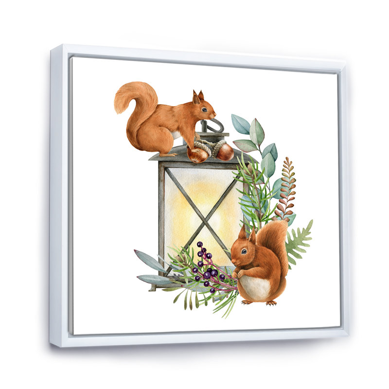 Lampe rétro avec deux écureuils, reproduction d'art sur toile rétro, H 30 po x l 30 po x P 1 po, Cadre flottant blanc
