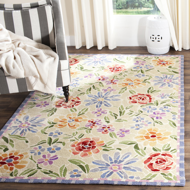 Tapis floral en laine crocheté à la main Papillon, Rectangle 9 pi x 12 pi
