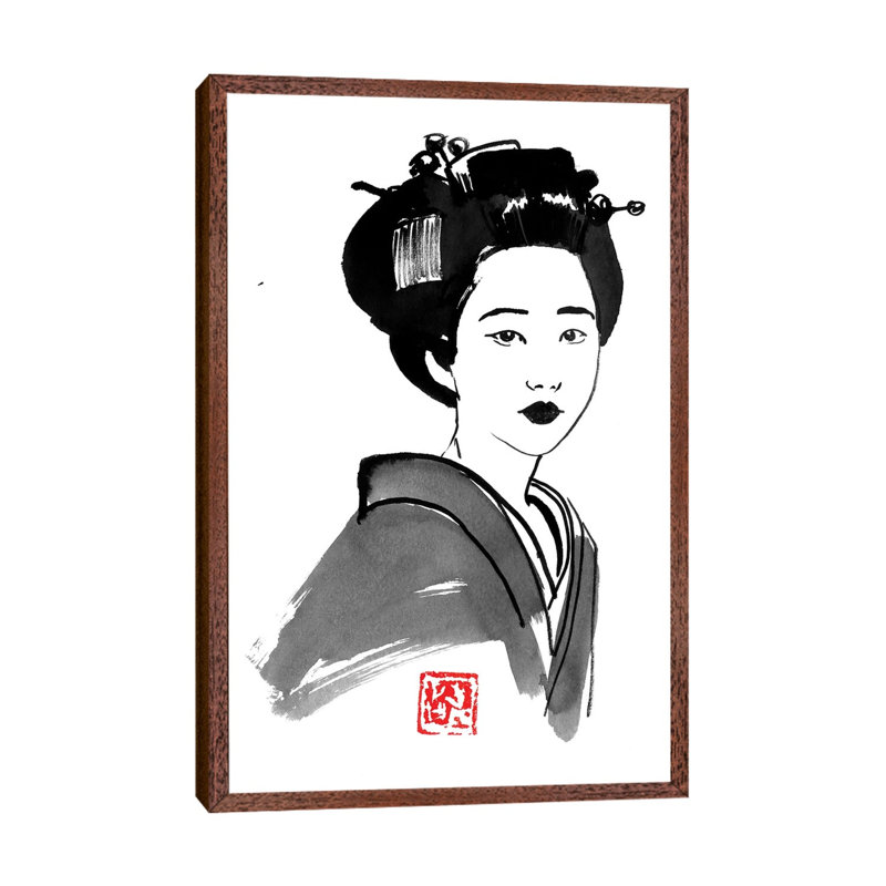 Geisha Starring by Péchane - Painting on Canvas, Classic Brown Wood Framed, 66.04 cm H x 45.72 cm W