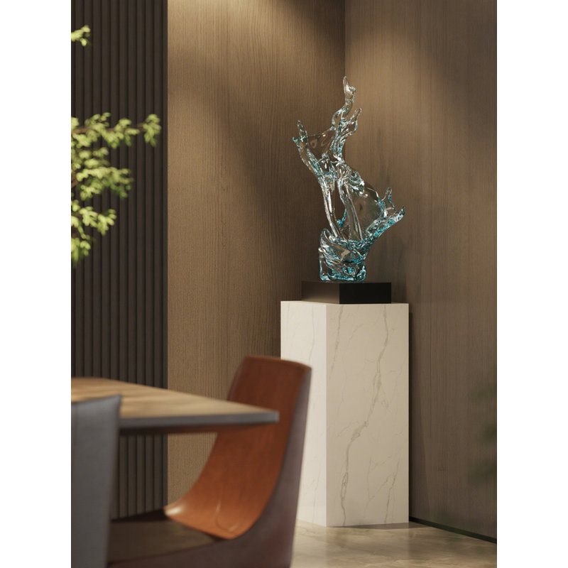 Transparent Wave Abstract Fiberglass Marble Base Sculpture Decoration Item, Blue/Clear