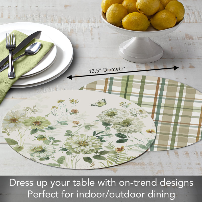 Green Fields Round Reversible Plastic Placemats, 13.5" Diameter, Set of 4