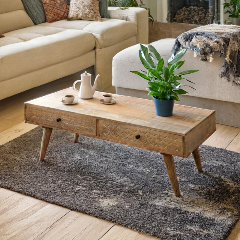 Sedillo Solid Wood Four Leg Coffee Table with Storage