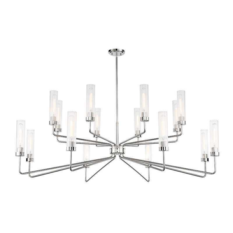 Lustre à niveaux 16 lumières en acier avec abat-jour en verre nervuré Jonze , Nickel poli