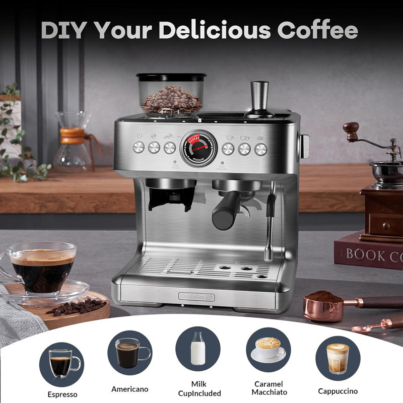 Machine à espresso semi-automatique avec moulin, 20 bars professionnels avec 30 réglages de broyage et buse à vapeur, réservoir d'eau amovible de 2,8 l, machines à expresso / café au lait / cappuccino
