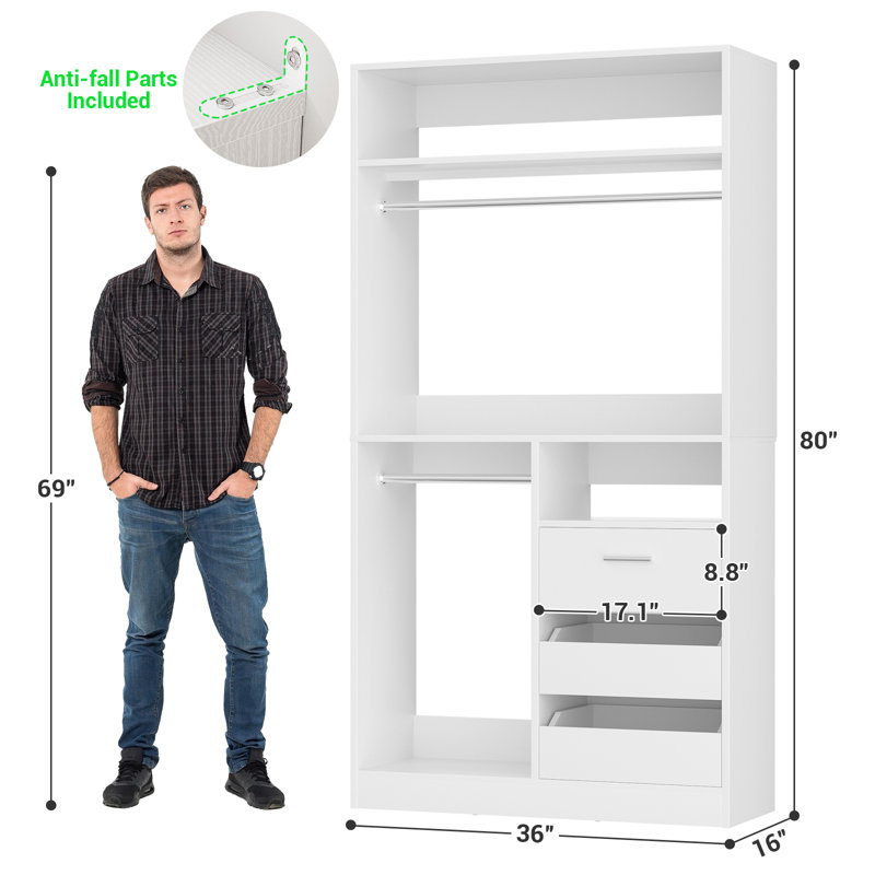 36" Closet System With 3 Drawers And 2 Rods,Shoes Storage, White