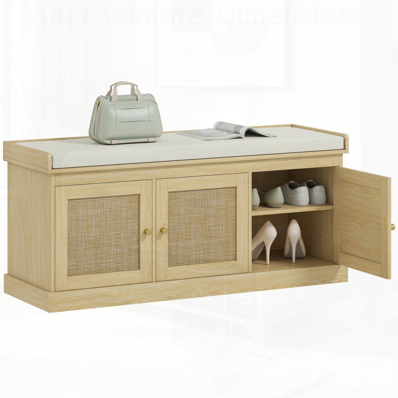 Élégant banc de rangement pour chaussures en rotin tissé avec coussin, tablettes réglables, parfait pour les vestibules et les salons
