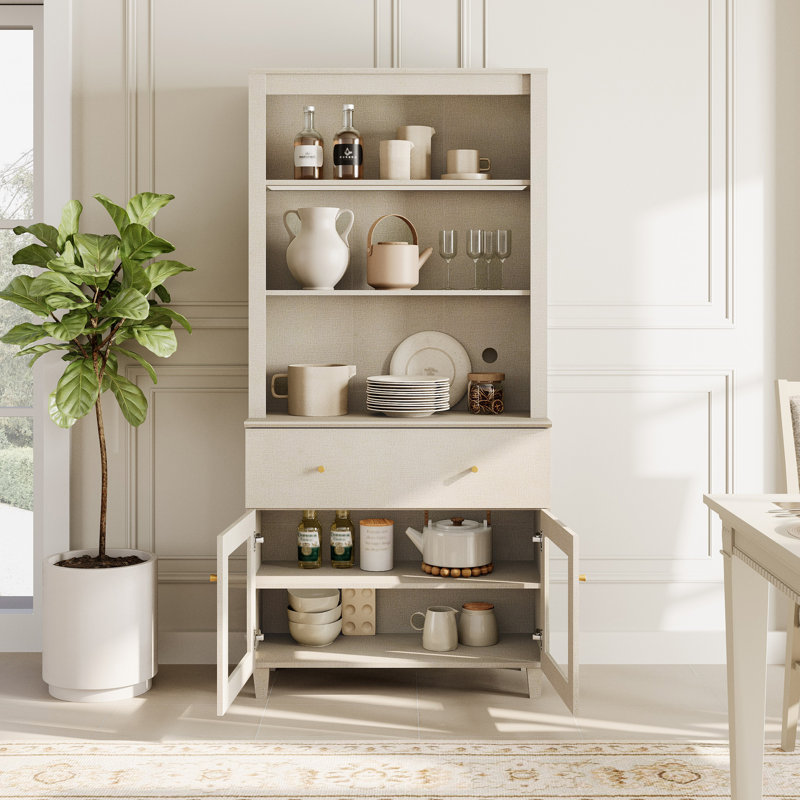 Kitchen Pantry Cabinet With Drawer And Glass Storage, Beige, Beige