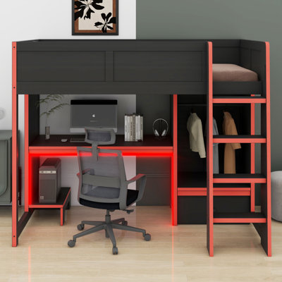 Lit mezzanine en bois avec bureau, garde-robe, DEL et tiroir