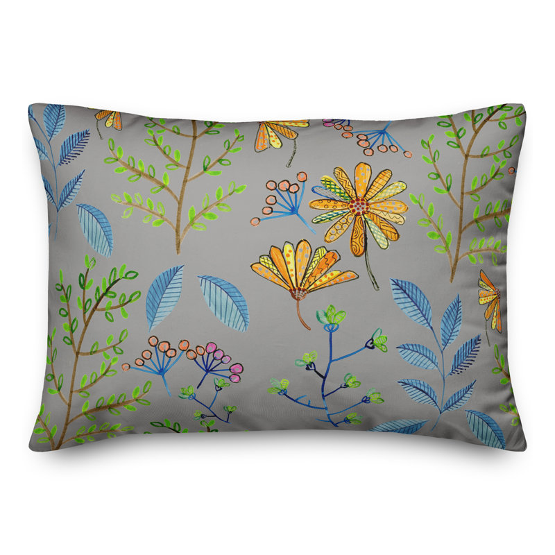 Floral Outdoor Reversible Throw Pillow, 14"H x 20"W, Gray