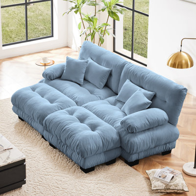 Cloud Couch Sleeper Sofa For Living Room, Chenille 2 Seater Sofa With 2 Lumbar Pillows And 2 Throw Pillows, Upholstered Wide Arm Sofa With 2 Ottomans,Chenille