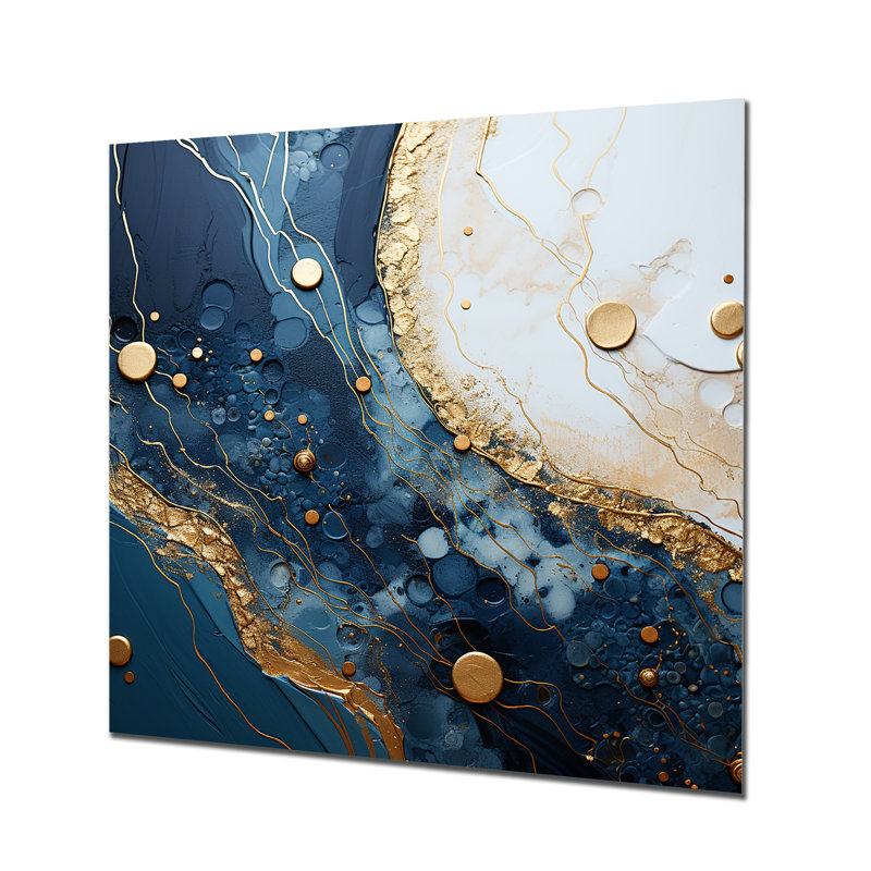 Or doré et bleu, art à l'encre de marbre IV - encre liquide, art mural abstrait en métal, H 36 po x l 36 po