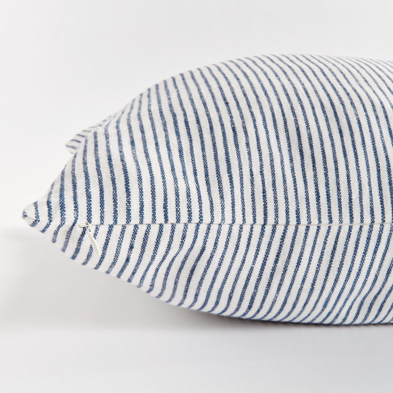 Jules European Flax Fiber Pillow Cover & Insert, Square 24", Navy/Ivory/Pinstripe, Knife Edge