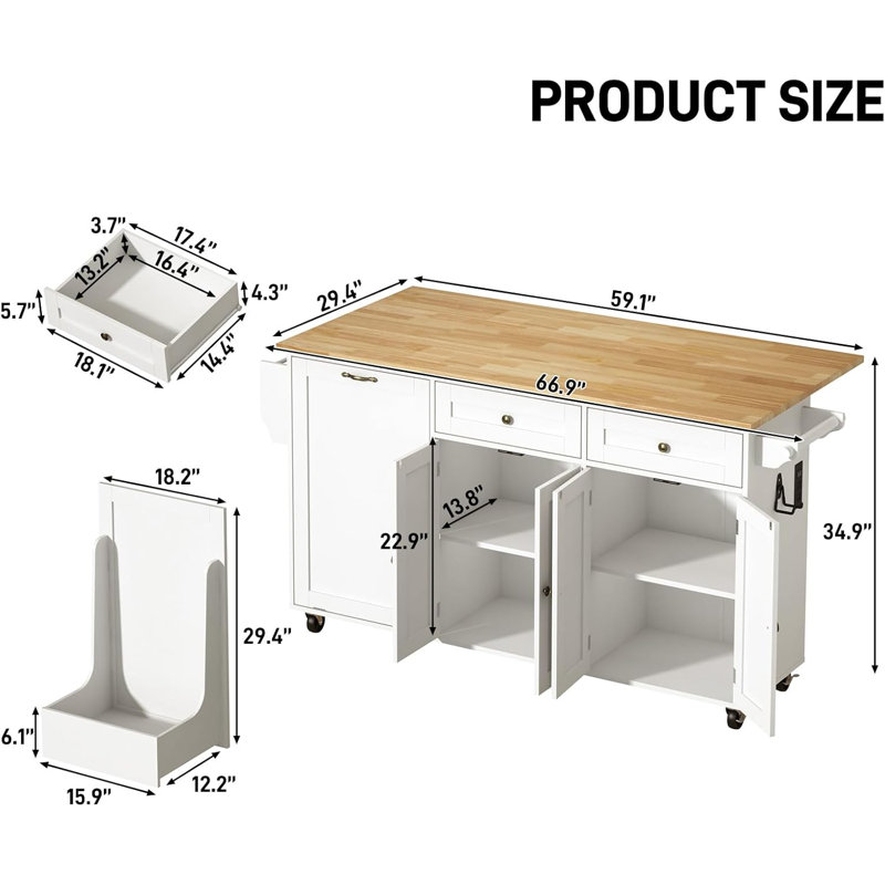 67" Movable Kitchen Island With Sliding Drop Leaf, Power Outlet, Kitchen Rolling Island Cart With 2 Drawers, Island Table On Wheels With Trash Storage Cabinet, Spice Rack, Towel Bar, Garage Hook