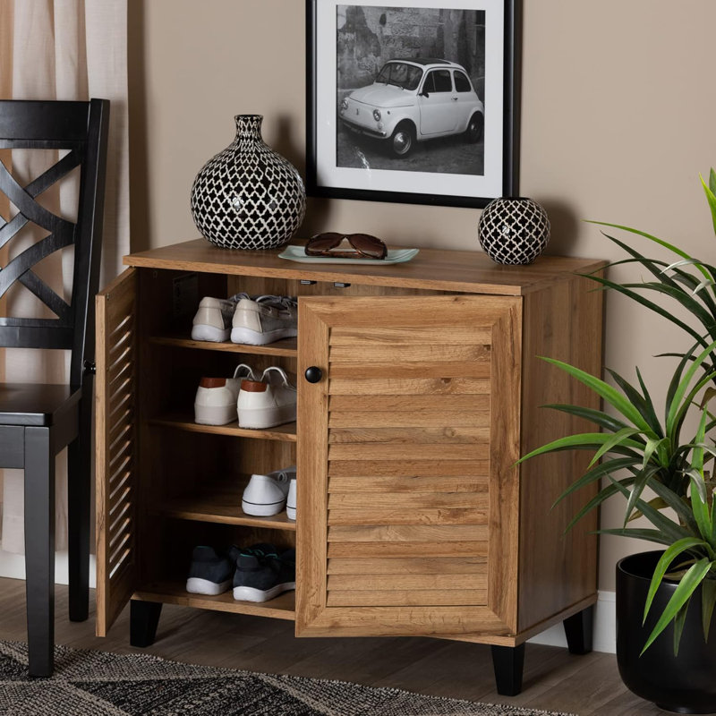 Shoe Cabinet With Slatted Wood Doors And Round Knobs, Engineered Wood Construction, 4 Shelves For 12 Pairs Of Shoes, Tapered Legs